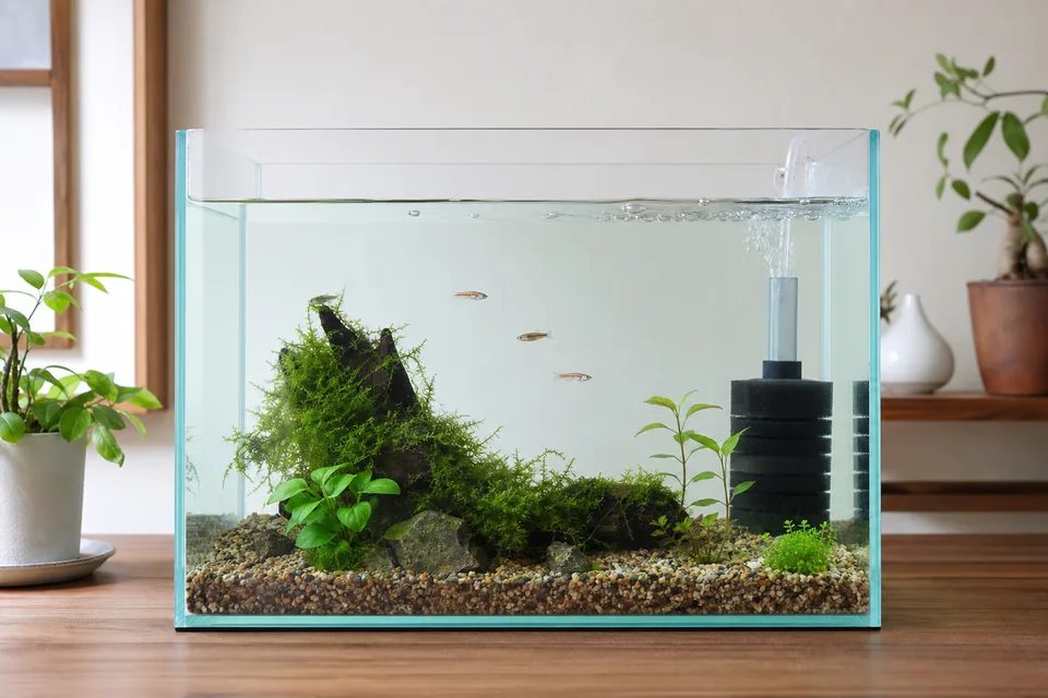 泳ぐ余白を残した30cm小型水槽と水草、スポンジフィルター