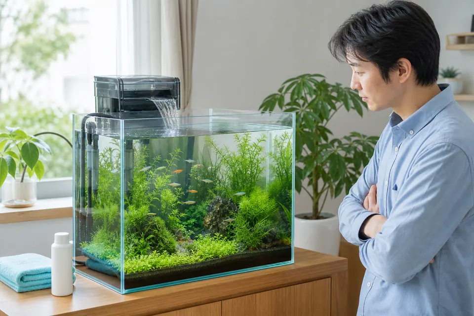 換水後に外掛けフィルターの出水と魚の泳ぎを確認する飼育者