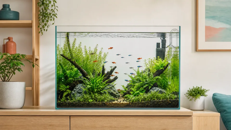 水草と小型魚を入れた淡水水槽でフィルターを動かしている様子