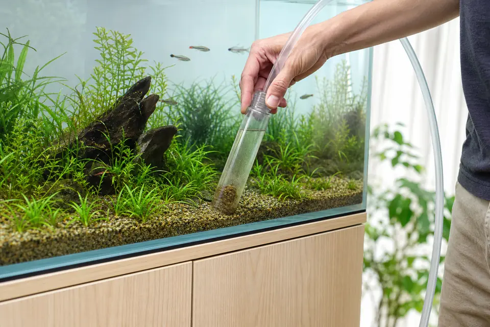 水草を避けて底砂の一部をクリーナーで吸い出す水換え作業