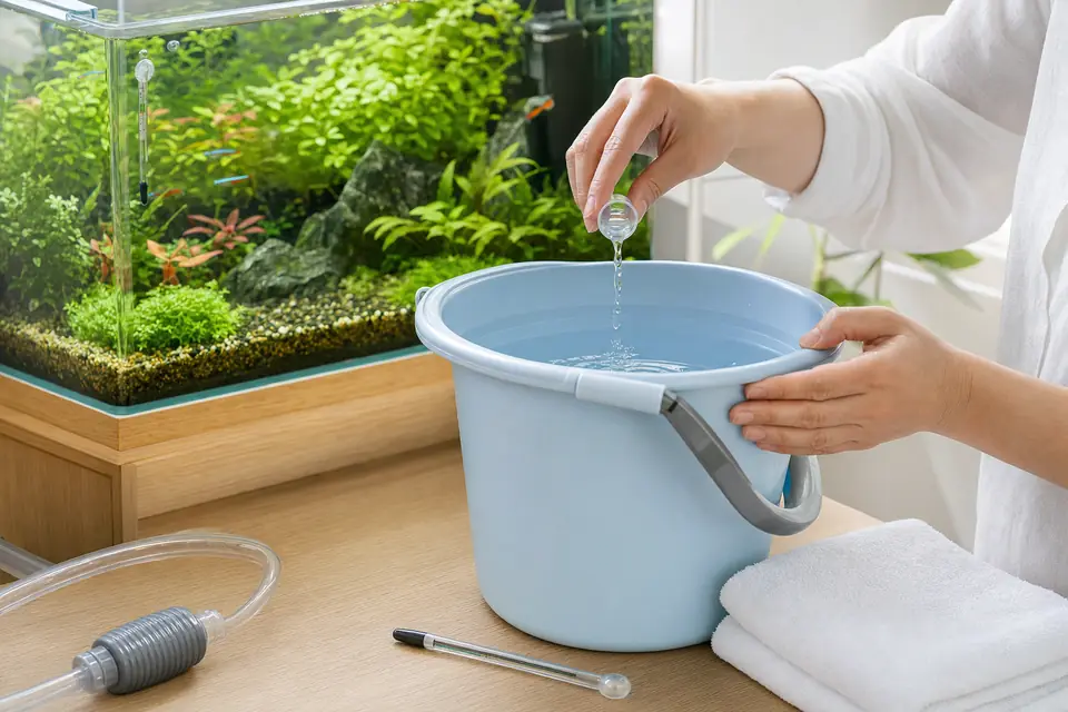 水槽の近くで専用バケツの新しい水へカルキ抜きを加えている様子