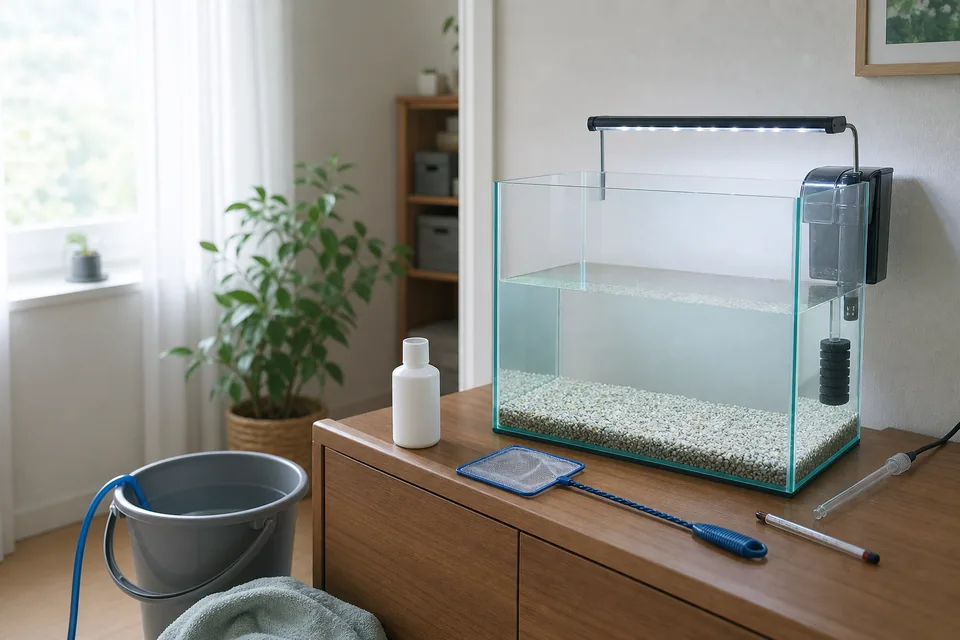 魚を入れる前に立ち上げ中の明るい室内水槽とフィルター