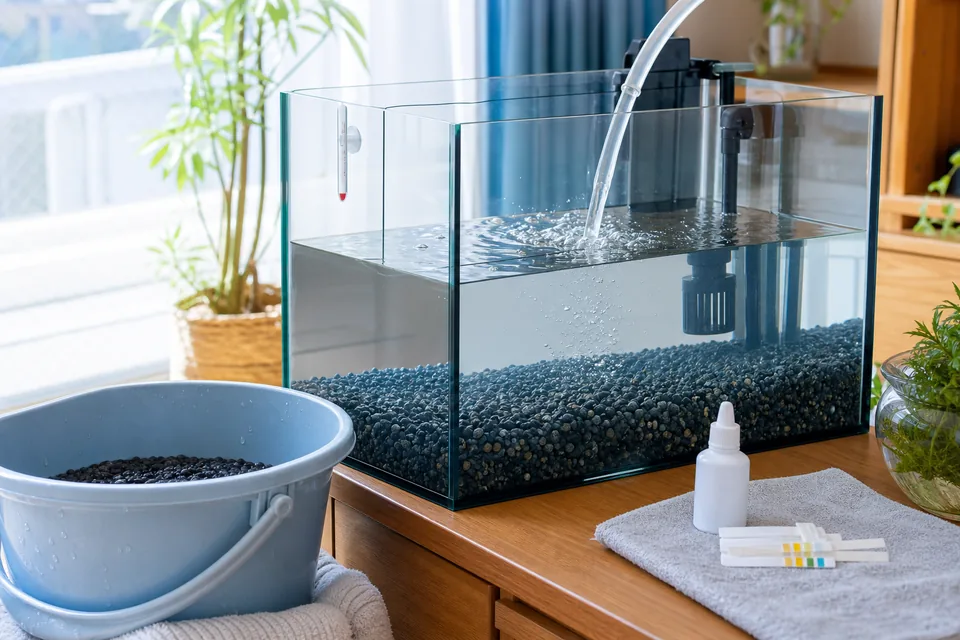 底砂を入れた水槽へホースでゆっくり水を注いでいる立ち上げ作業