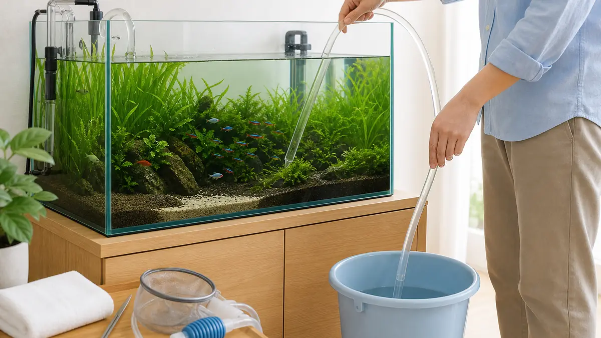淡水水槽の魚を残したままホースで一部の水を抜く水換えの様子