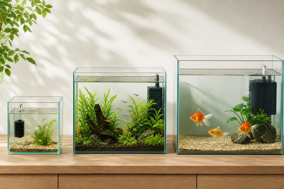 10L容器、20L水槽、45cm水槽を並べて魚と水量の違いを比較した水槽