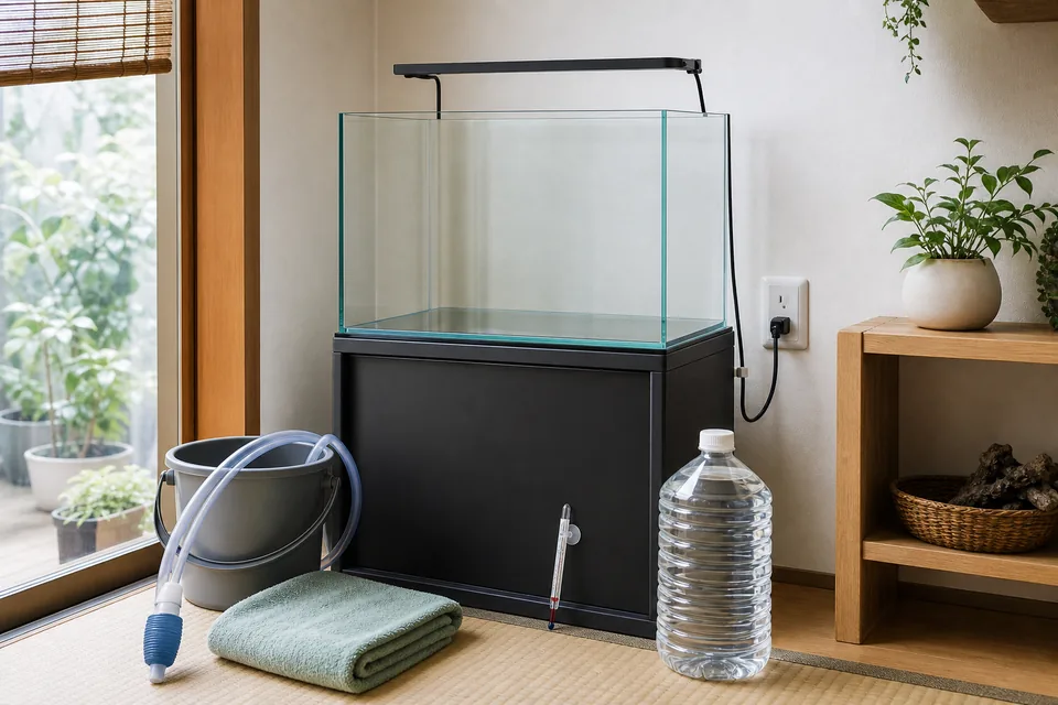 魚を迎える前に水槽台、バケツ、ホース、水温計を準備した室内の水槽まわり