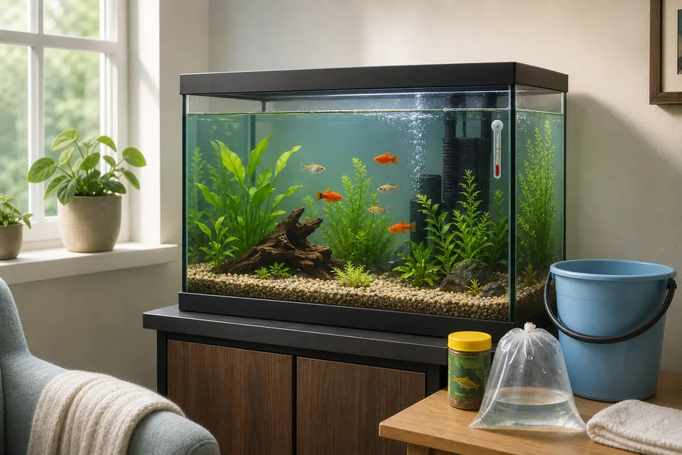 水合わせを終えた魚が泳ぐ室内水槽と水換え用品