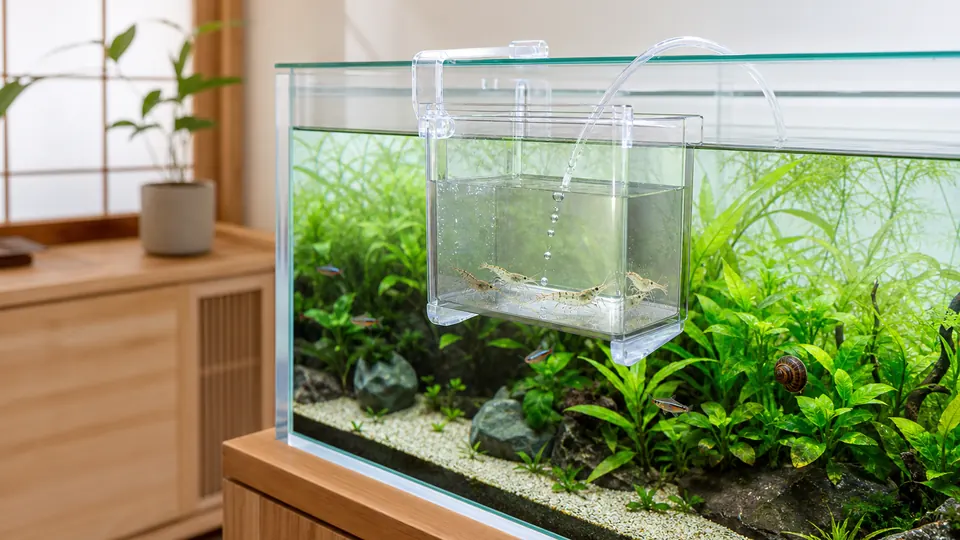 淡水水槽の水を少しずつ容器へ加えてヤマトヌマエビを水合わせする様子