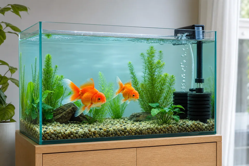 余裕のある水槽で泳ぐ2匹の金魚とスポンジフィルター