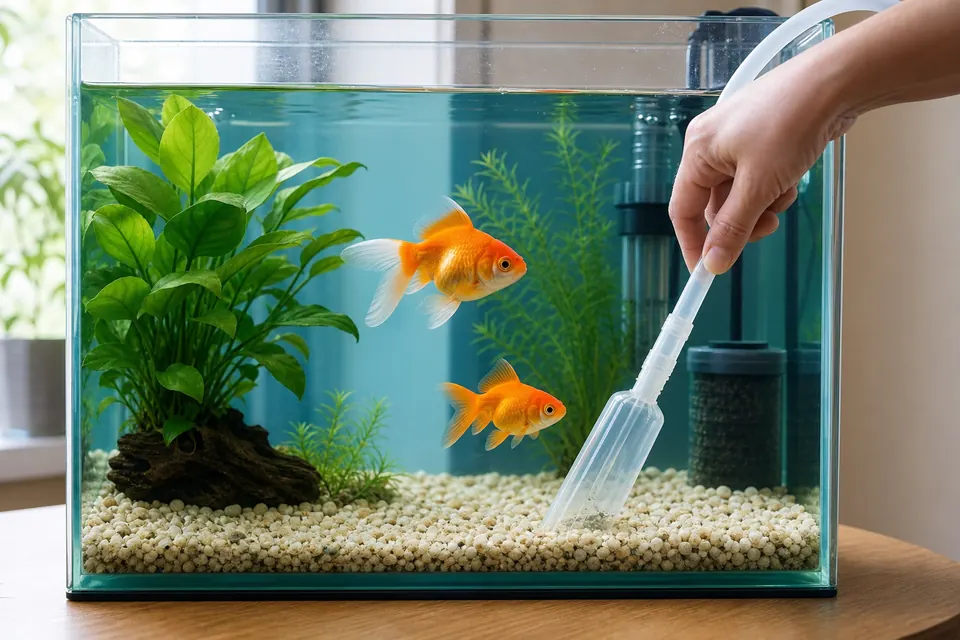 金魚水槽の底砂をクリーナーで掃除して透明な水を保つ様子