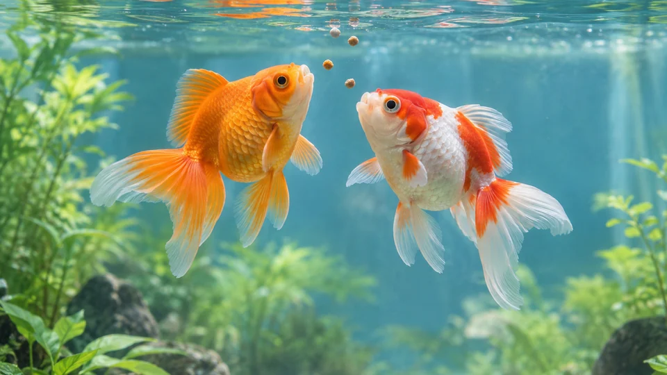 水面近くで小粒の餌を食べる金魚と、清潔に整えた淡水水槽