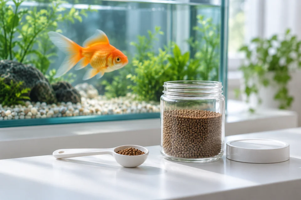 乾いたスプーンで金魚の餌を少量取り、密閉容器で保管する様子