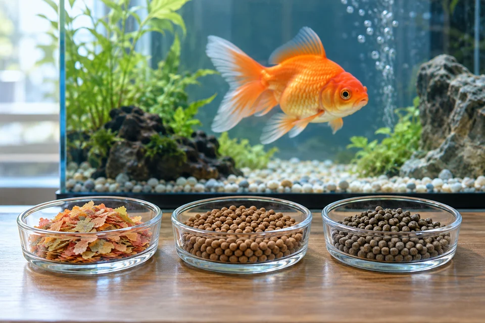 金魚の水槽のそばに並べたフレーク、浮上性ペレット、沈下性ペレットの比較