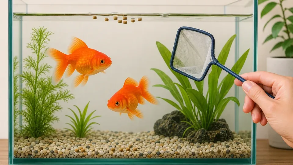 餌が多く浮いた金魚水槽で食べ残しをネットで取り除く様子