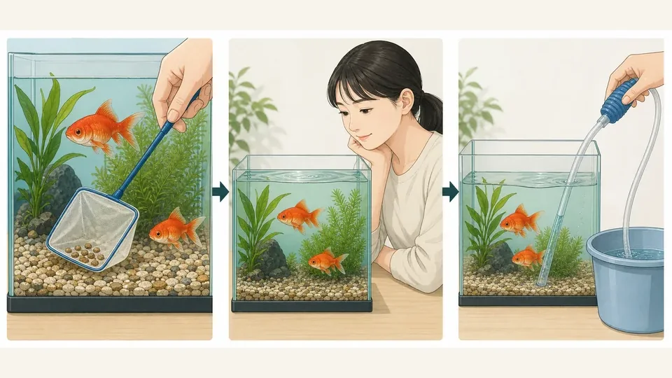 金魚水槽で食べ残しを取り除き観察して少量の水換えをする手順