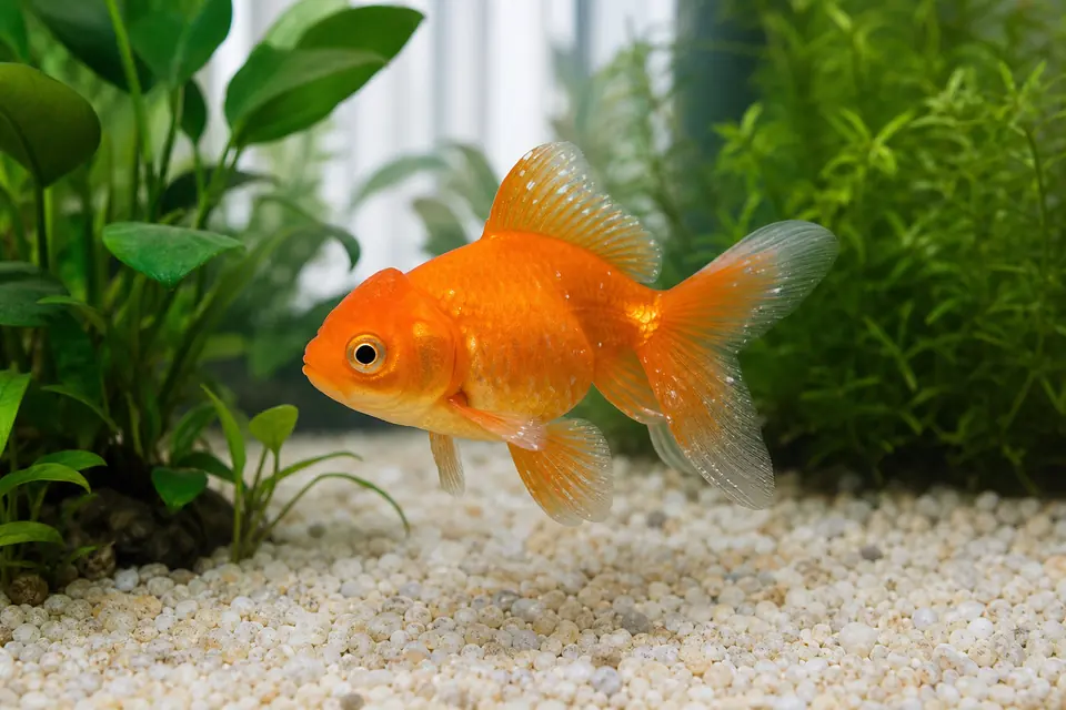 ひれと体に小さな白い点が見える金魚を明るい水槽で観察する様子