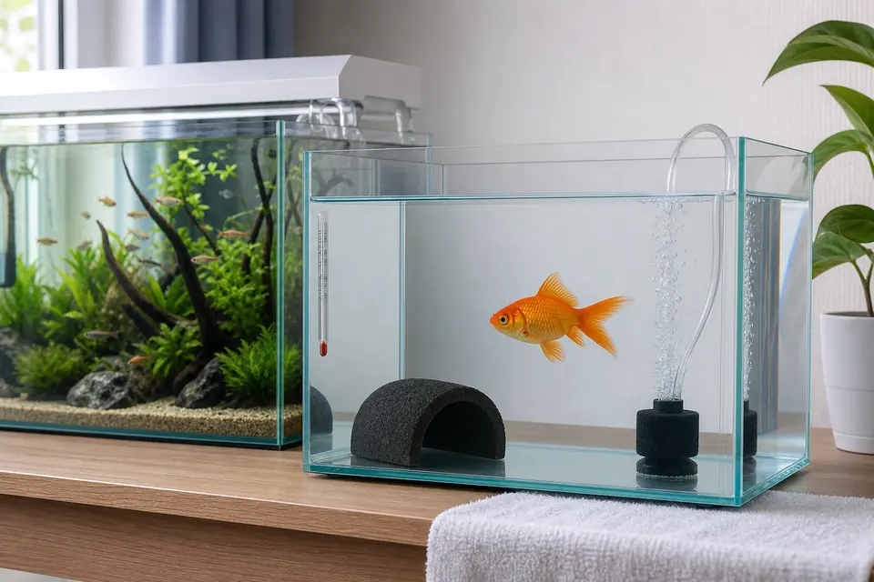 主水槽の横に用意したエアレーションと水温計付きの金魚隔離水槽