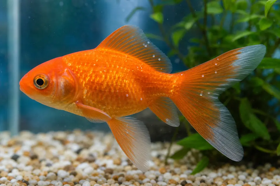 尾びれと体表に離れた小さな白い点が見える金魚の側面