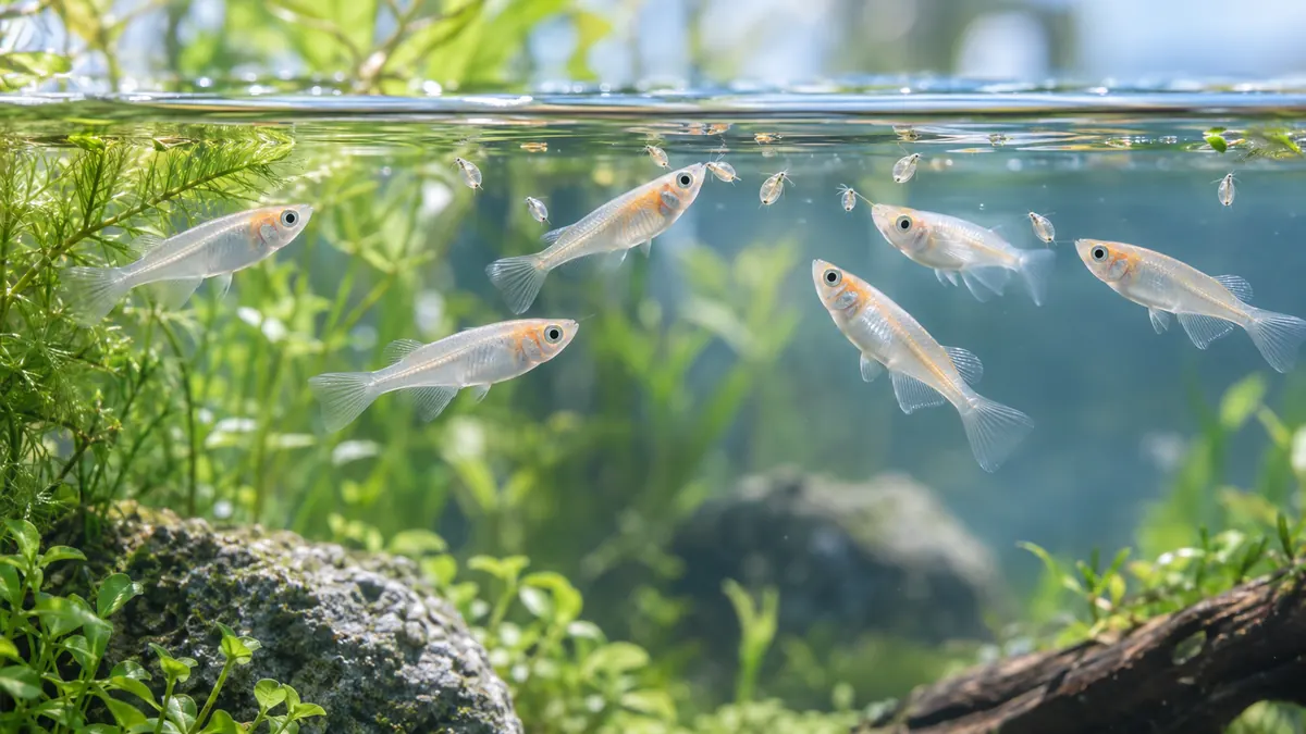 水草のある淡水水槽でメダカが水面近くのミジンコを食べている様子