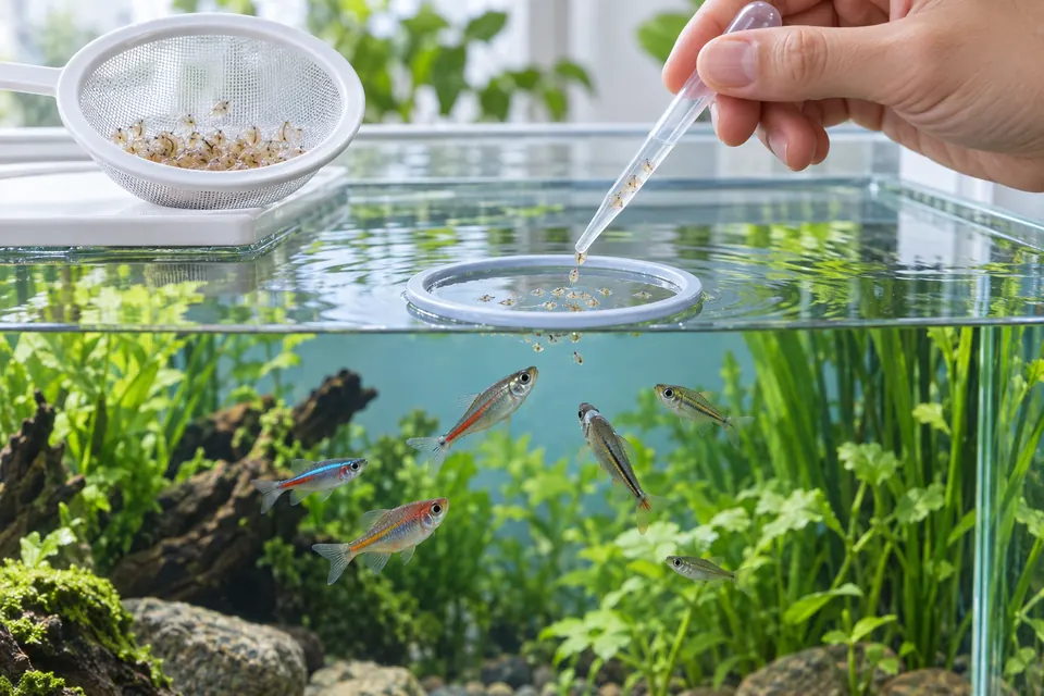 小さなストレーナーとスポイトを使って生餌を少量ずつ水槽へ移す様子