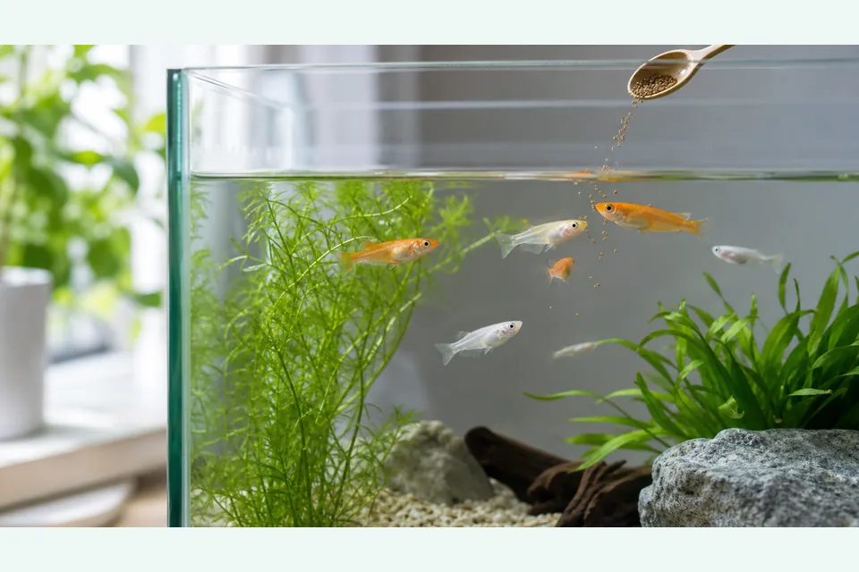 水草のある室内水槽でメダカが少量の餌を食べている様子