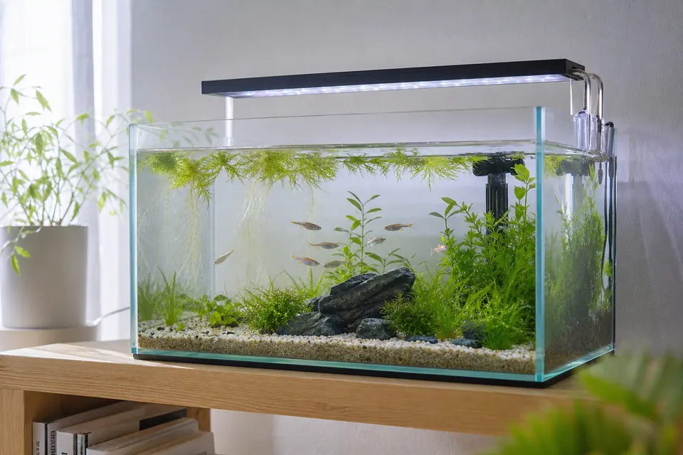 室内の棚に置いたライト付きのメダカ水槽と水草