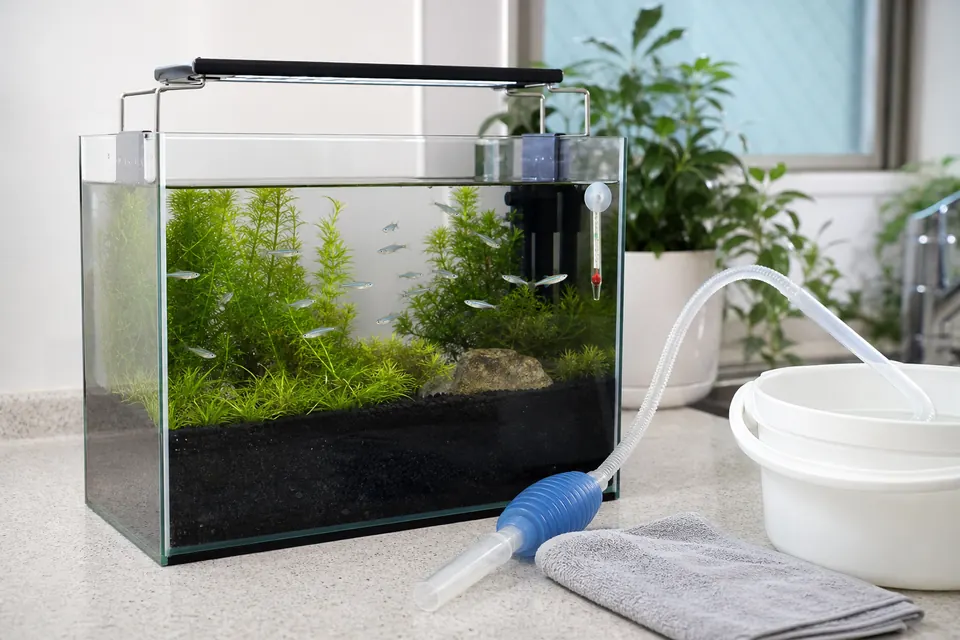 室内メダカ水槽のそばに水換え用ホースとバケツを置いた管理風景
