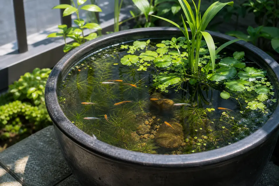 屋外の睡蓮鉢で泳ぐメダカと水草のあるビオトープ容器