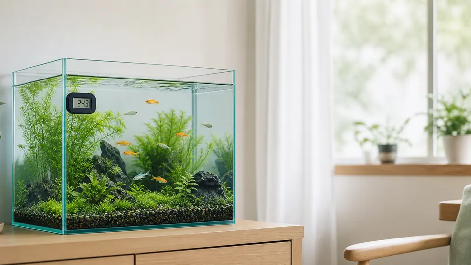水温計を付けた室内のメダカ水槽で泳ぐメダカ