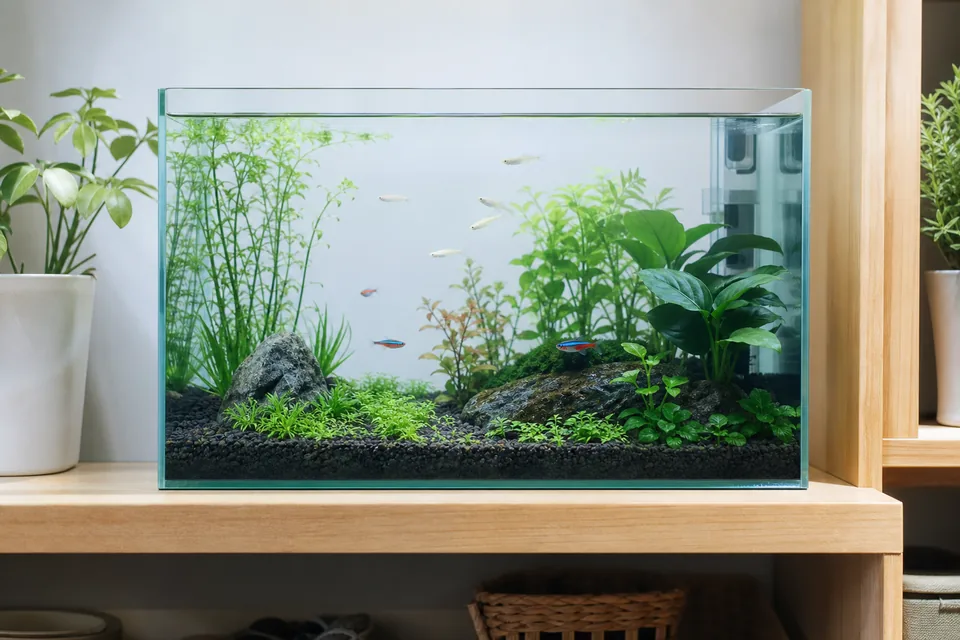 水草を入れた小型水槽で泳ぐメダカと小型熱帯魚