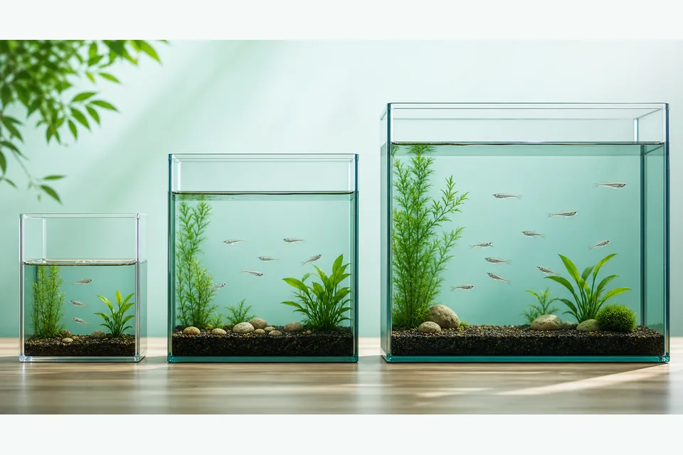 10L容器、20L水槽、30cm水槽の水量と泳ぐスペースを比較した小型水槽