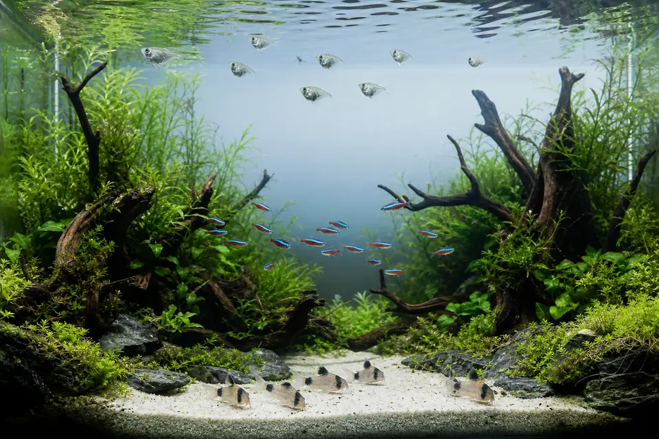 上層・中層・底層に分かれて泳ぐ小型熱帯魚の水草水槽